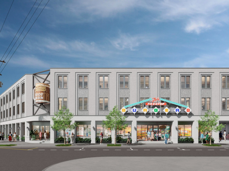 Computer-generated image of a modern gray building with a colorful Ted’s Frostop sign, and the Frostop Mug