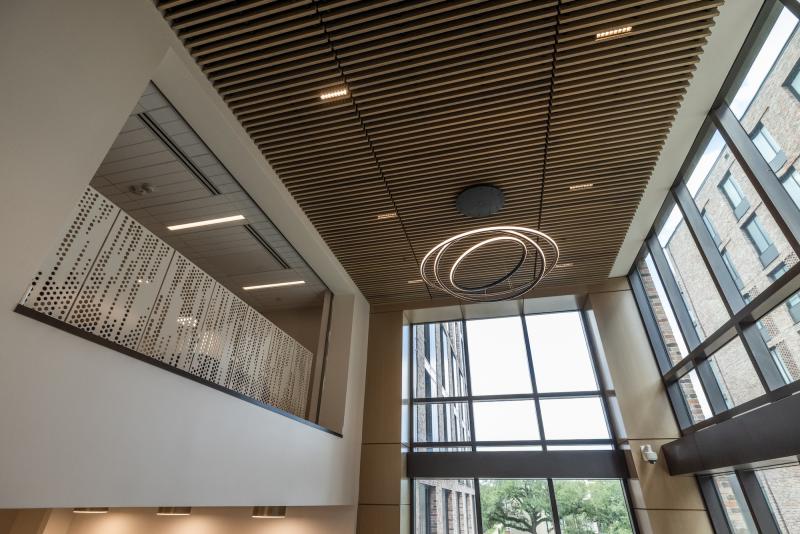 soaring ceilings and a modern light fixture