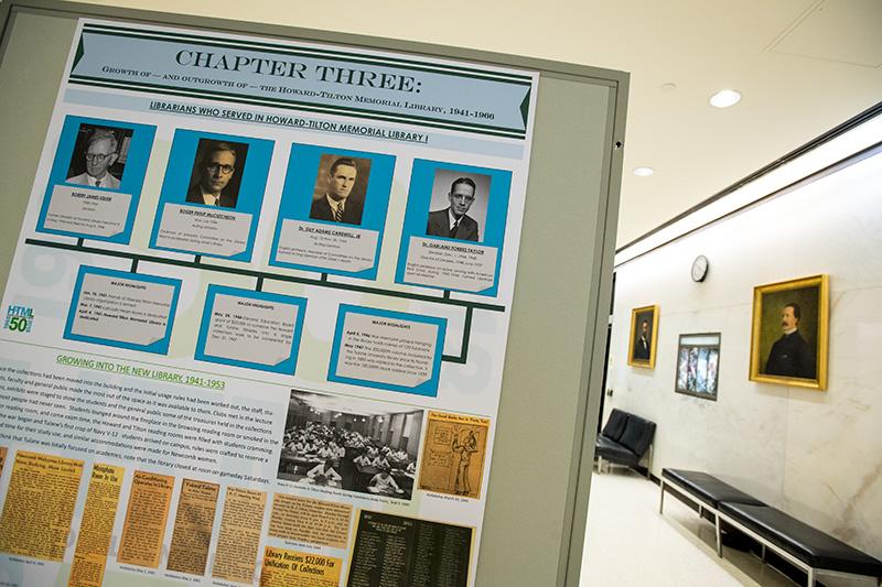 History of Howard-Tilton Memorial Library recounted in “chapters” on display in the building’s lobby.