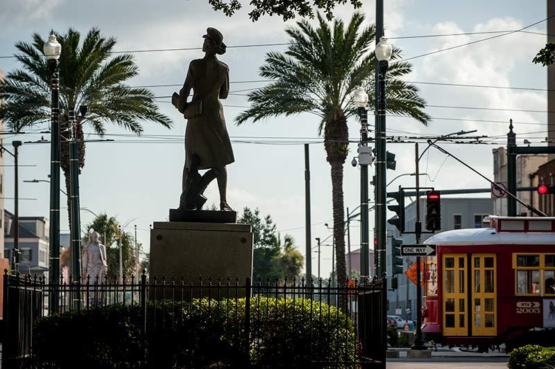 The Molly Marine statue looks out over Canal Street near the Tulane School of Social Work.