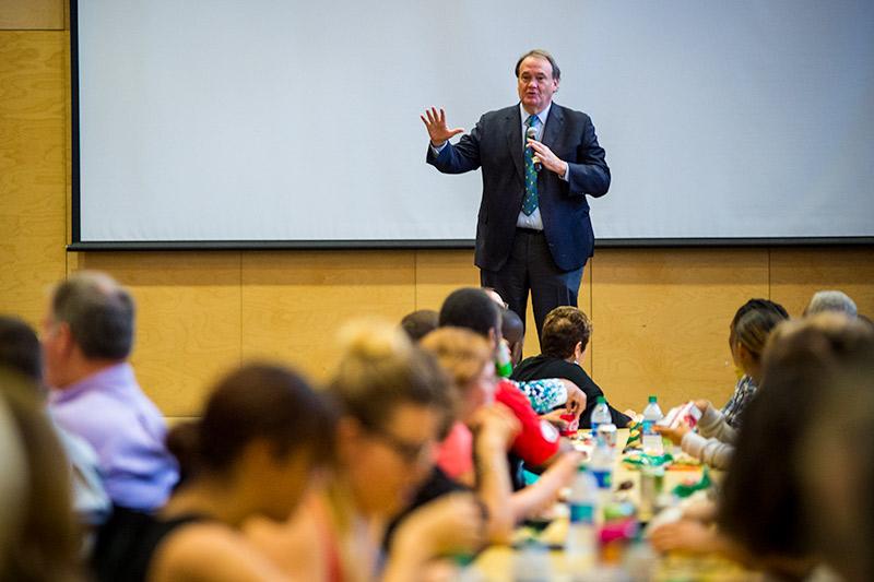 During the event President Michael Fitts addresses staff and faculty.