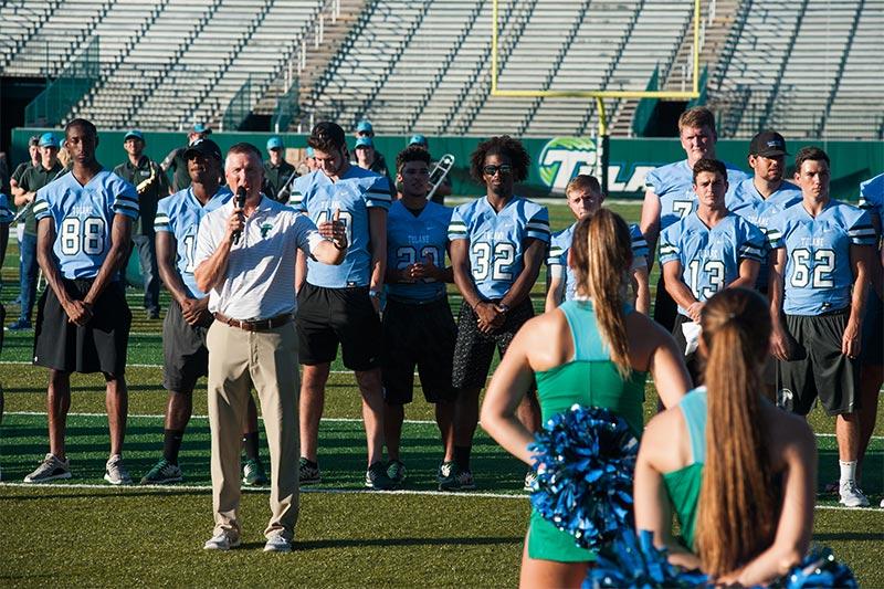 Tulane football coach Willie Fritz thanks the students for their support and promises an exciting season. Yell For Yulman introduces first-year students to the Tulane football team and Green Wave spirit.