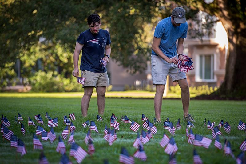 Members of the College Republicans and College Democrats partnered to install the display early Tuesday morning. College Democrats and Republicans unite to honor lives lost on 9/11.