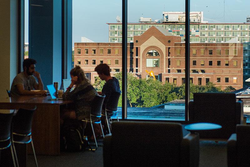 When not studying, the fifth floor of  Howard-Tilton Memorial Library offers students a great view of the A.B. Freeman School of Business and Monroe Hall. 