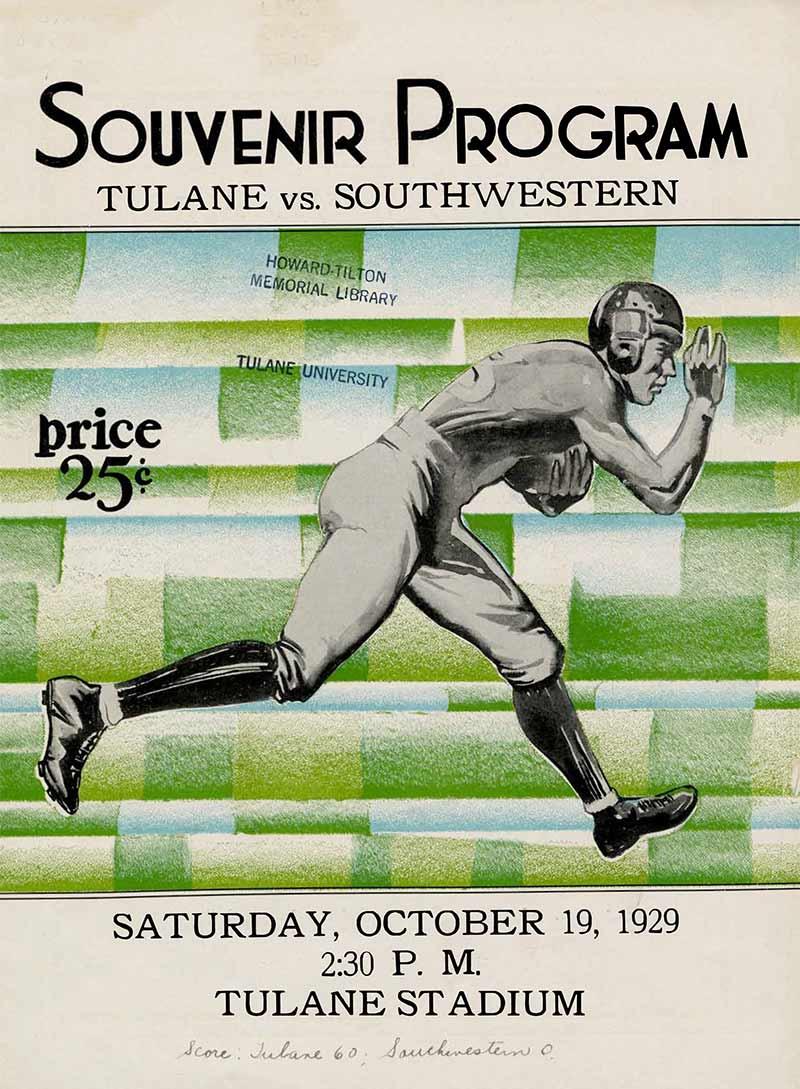 The program cover from a 1929 Tulane game against Southwestern, now ULL, and Green Wave fans are hoping for a similar result. As Tulane football prepares to take on the University of Louisiana at Lafayette Ragin’ Cajuns on Saturday (Sept.24), take a look at the program cover art from the Green Wave’s 1929 matchup against Southwestern Louisiana Institute of Liberal and Technical
