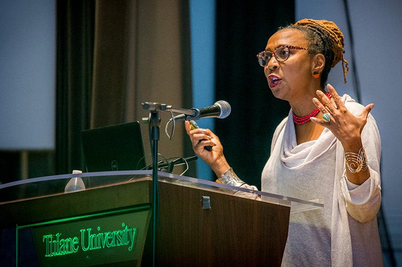 Crenshaw delivers her Powerpoint address titled, “The Intersectional Paradigm: Race and Gender in Work, Life and Politics.” The 2017 Tulane Reading Project keynote speaker offers insight on race and gender to a packed McAlister Auditorium.
