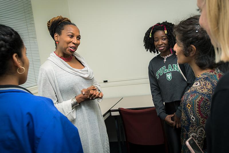 Crenshaw meets with students backstage following her presentation. The 2017 Tulane Reading Project keynote speaker offers insight on race and gender to a packed McAlister Auditorium.