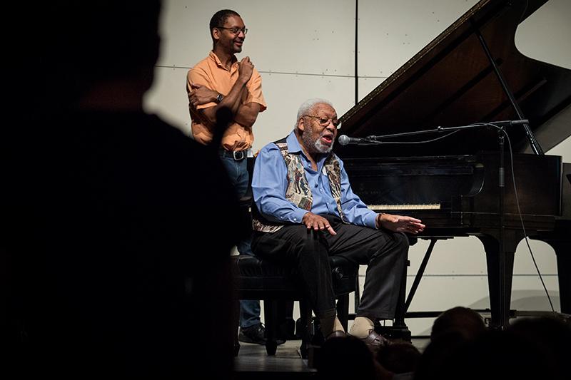 Jason Marsalis, left, is amused by his father, Ellis Marsalis’ response to a question during a Q&A following the concert. Ellis Marsalis performs at Tulane.