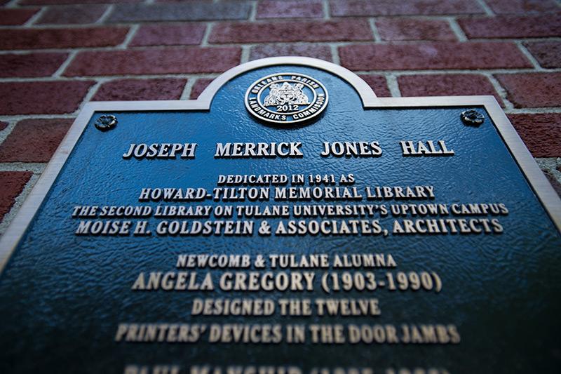 In 2012, the New Orleans Landmarks Commission installed a historical plaque highlighting the building’s history and decorative details. Joseph Merrick Jones Hall is the first in an ongoing series of building portraits.