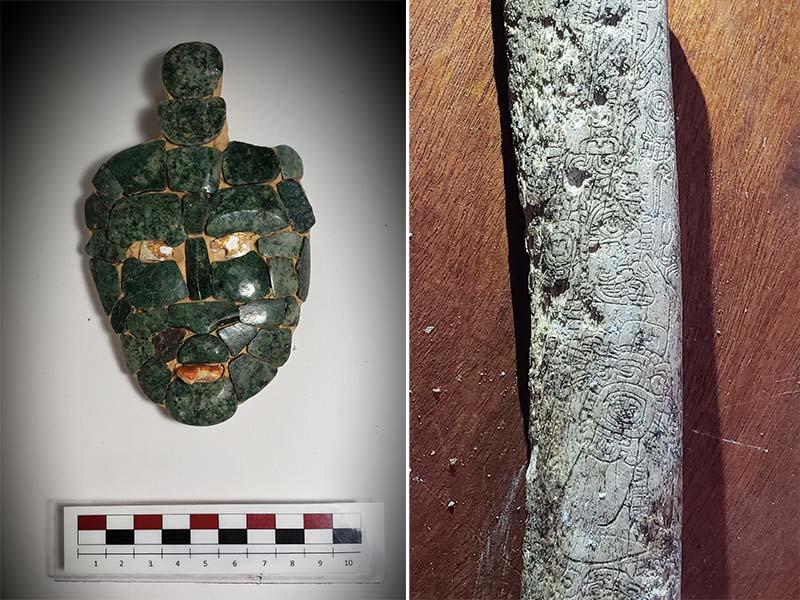 mosaic jade mask and incised femur bone