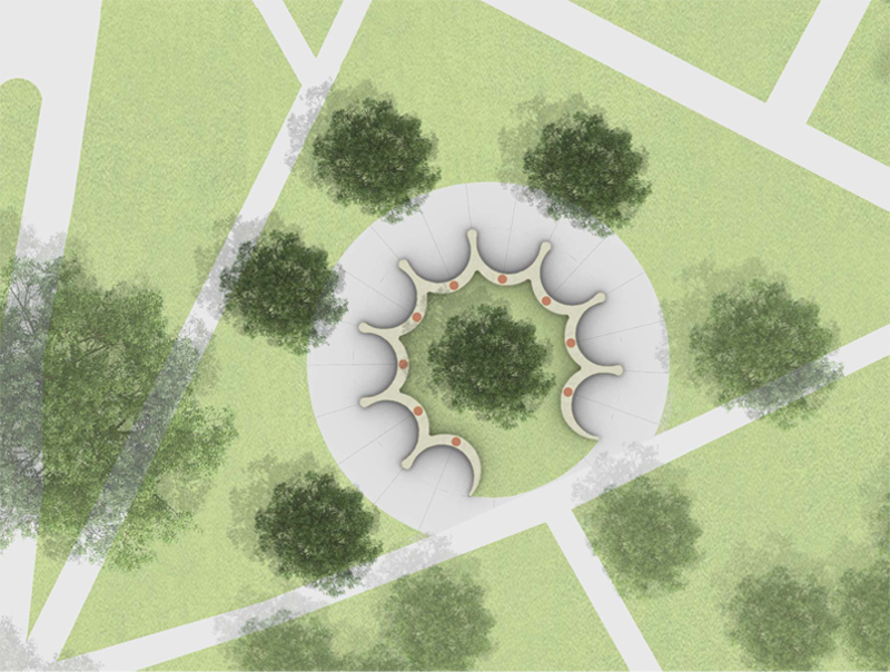 A rendering of an aerial view of the NPHC plots surrounded by trees