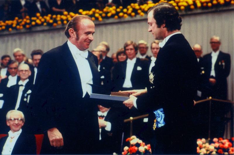 Archived photo of Dr. Andrew Schally receiving his Nobel Prize in 1977