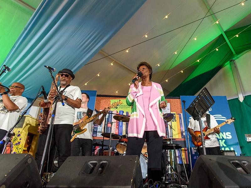 Grammy-winning singer Irma Thomas, known as the  “Soul Queen of New Orleans” closes out the New Orleans Book Festival at Tulane before a standing-room-only crowd at the Hyatt Regency Festival Tent. 