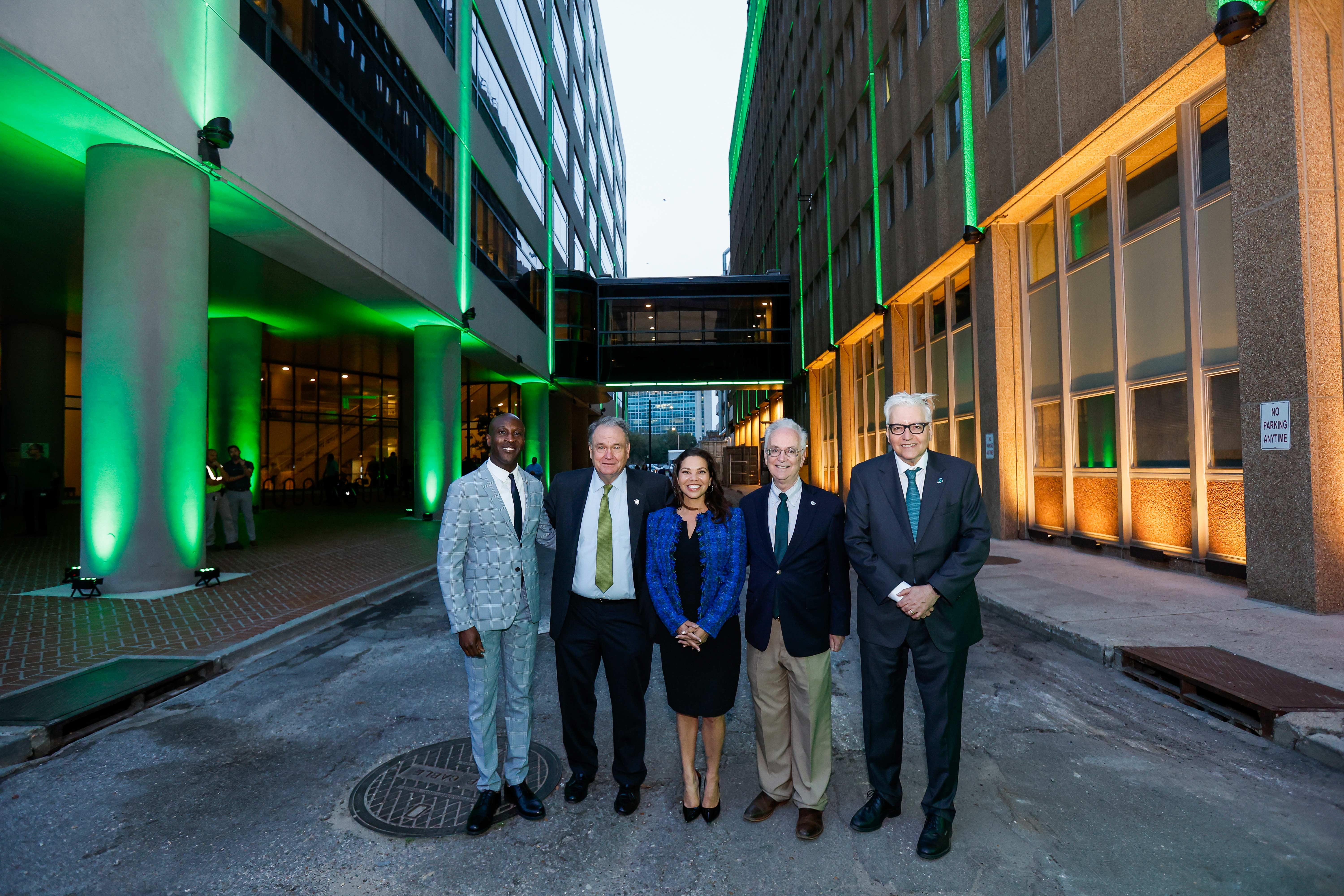  (Left to right) Davon Barbour, president and CEO of the Downtown Development District, Tulane University President Michael A. Fitts, Distrcit B Councilmember Lesli Harris, Dr. Lee Hamm, dean of Tulane School of Medicine and Chief Operating Officer Patrick Norton.