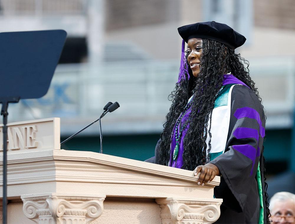 Serving as Commencement student speaker, Tamunoboma Dominion Fenny addresses graduates. Fenny earned her Juris Doctor degree from Tulane Law School and served as president of the Graduate and Professional Student Association. (Photo by Tyler Kaufman)