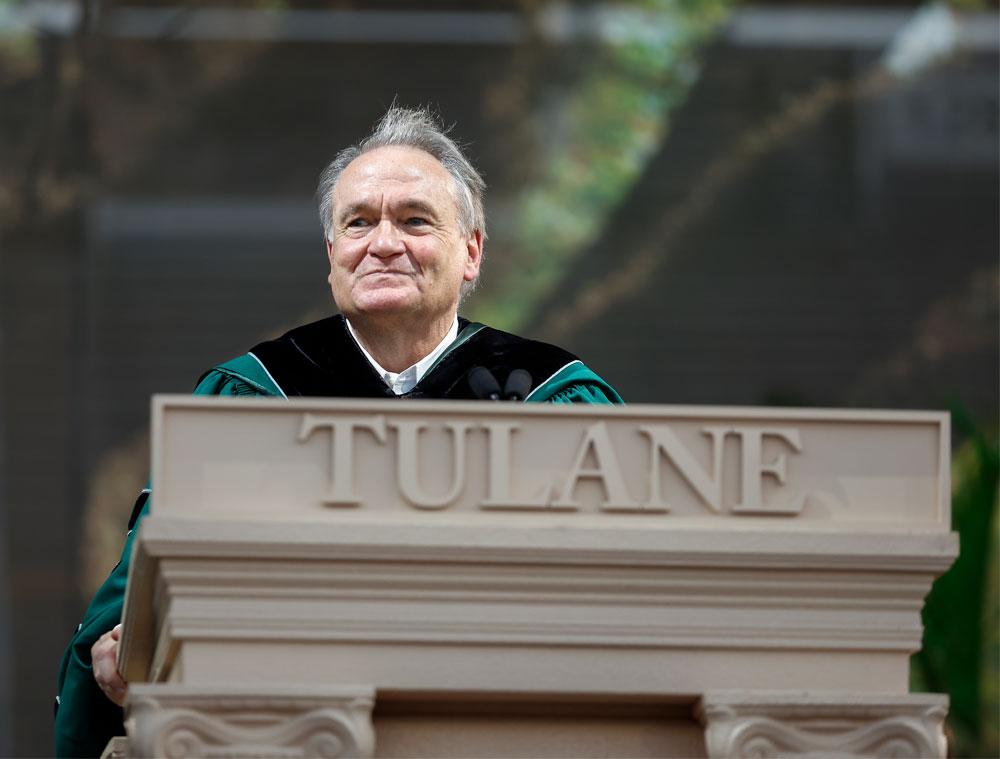 President Michael A. Fitts addresses the Class of 2024, commending them on their accomplishments and perseverance throughout their academic journeys. (Photo by Tyler Kaufman)