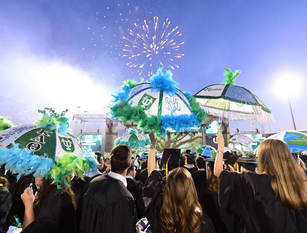 A fireworks display lights up the sky above Yulman Stadium to close out the ceremony. (Photo by Cheryl Gerber) 