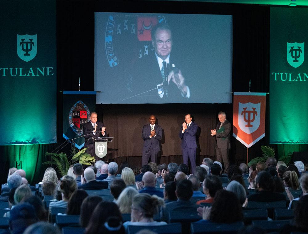 From left to right: President Michael A. Fitts, Celia Scott Weatherhead School of Public Health and Tropical Medicine Dean Thomas LaVeist, Board of Tulane member David Mussafer, Provost Robin Forman