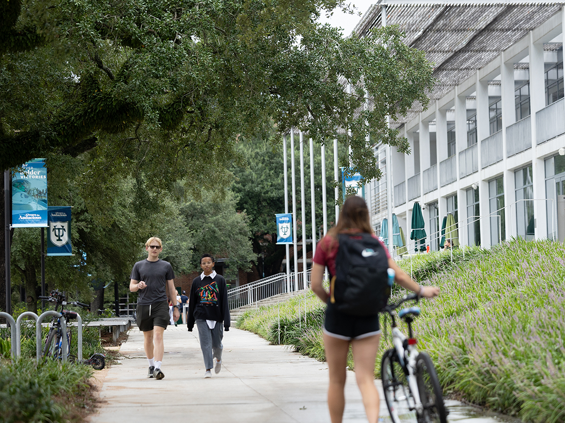 Students outside of the Lavin-Bernick Center after Hurricane Francine