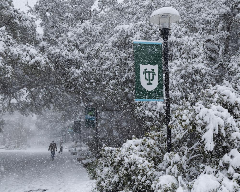 Tulane sign in the snow