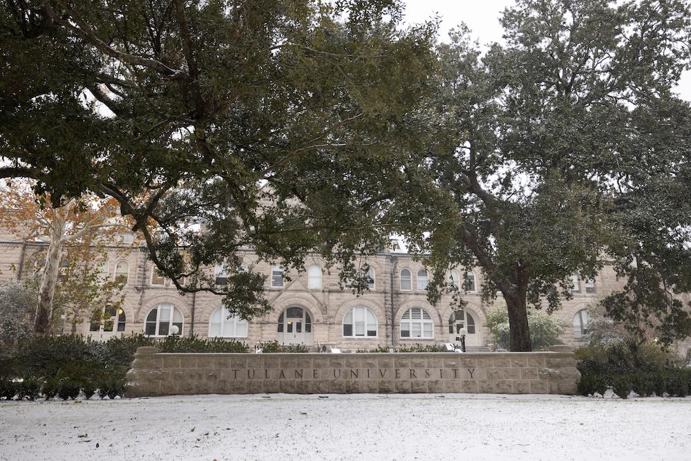 The Tulane University sign blanketed in snow 