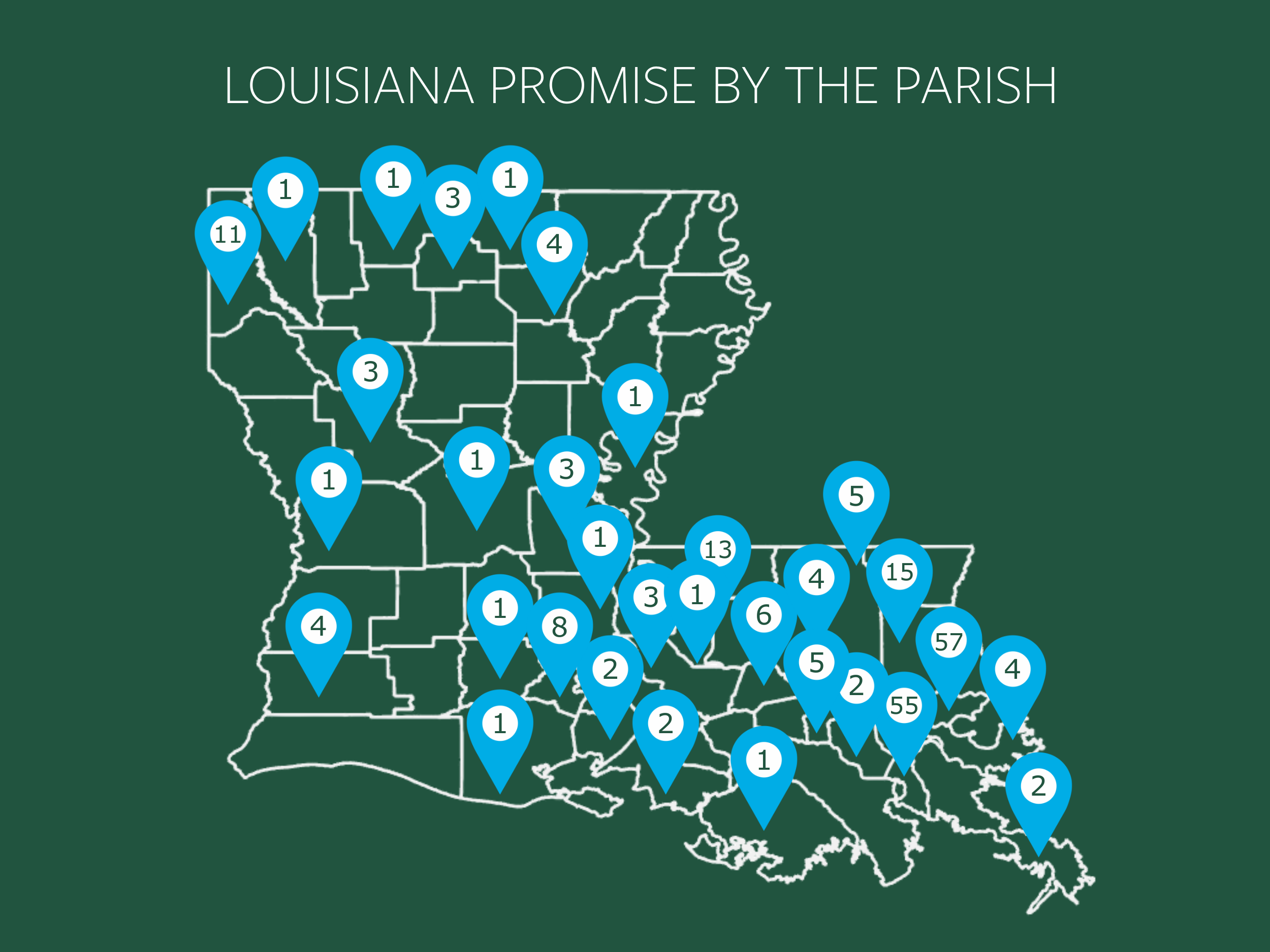 LA Promise stats map A map of Louisiana illustrating the amount of Louisiana Promise students from each parish.