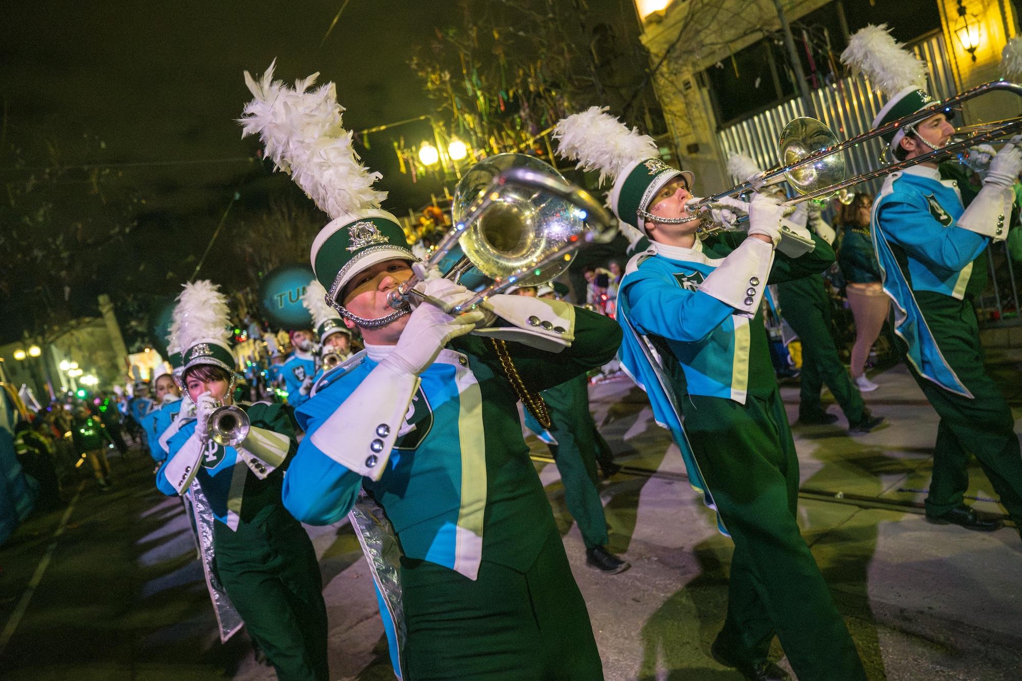 Tulane Marching Band at a nighttime parade