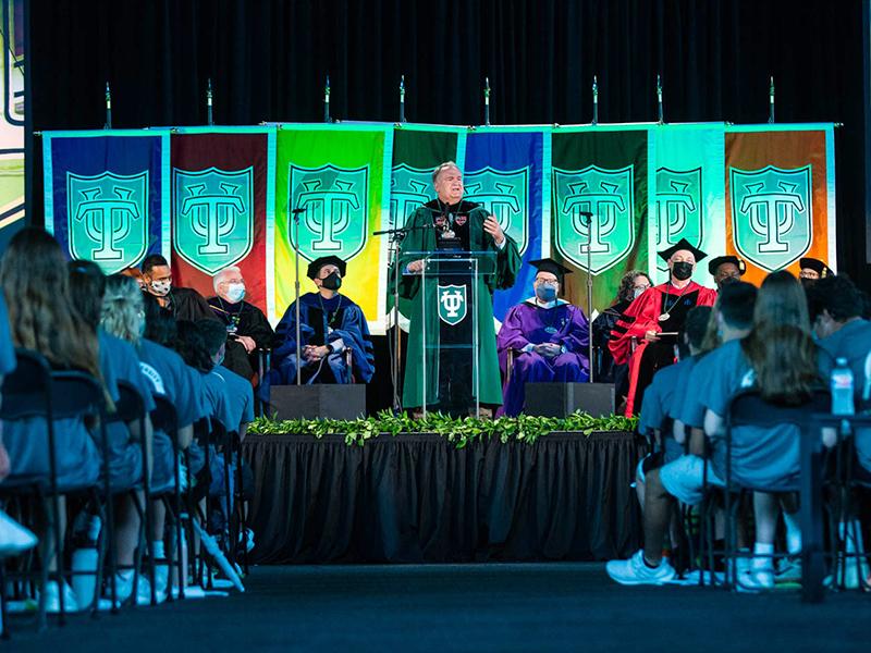 President Mike Fitts at Tulane Convocation 2021 at Fogelman Arena in Devlin Fieldhouse