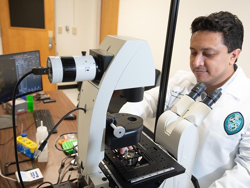 Jorge Castorena-Gonzalez at a microscope