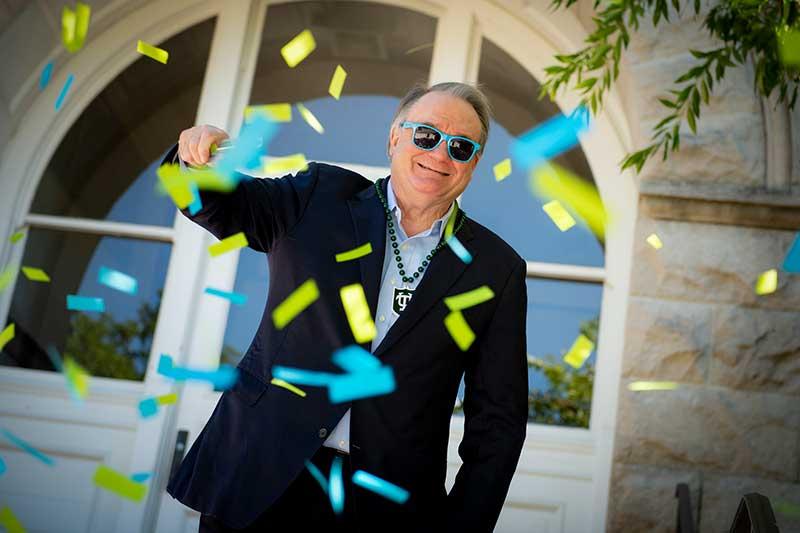 President Michael Fitts celebrates Class of 2020 in front of Gibson Hall President Michael Fitts celebrates Class of 2020 in front of Gibson Hall