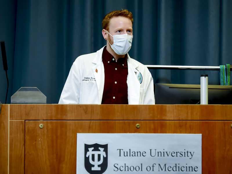 Student Dakota Bevans speaks to fellow students and program faculty. Student Dakota Bevans speaks to fellow students and program faculty.