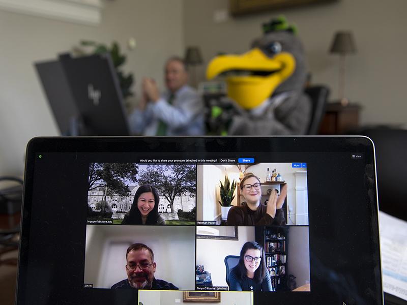 Hong Nguyen (top left) and Tanya Stephens O’Rourke (middle row right) of the New Orleans BioInnovation Center Project team are surprised via Zoom with their awards. Hong Nguyen (top left) and Tanya Stephens O’Rourke (middle row right) of the New Orleans BioInnovation Center Project team are surprised via Zoom with their awards.