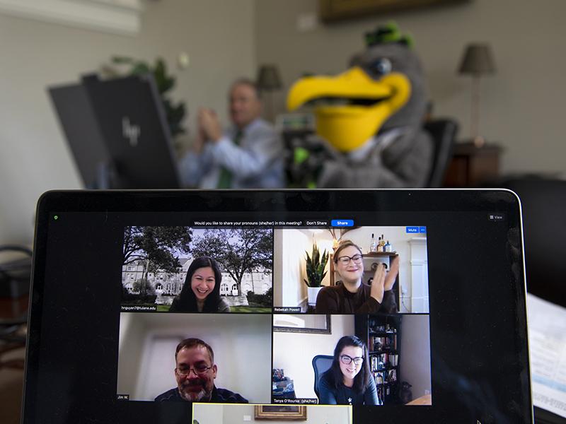  Hong Nguyen (top left) and Tanya Stephens O’Rourke (middle row right) of the New Orleans BioInnovation Center Project team are surprised via Zoom with their awards. 