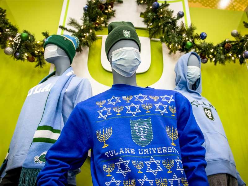 Tulane Bookstore display of holiday sweaters Tulane Bookstore display of holiday sweaters