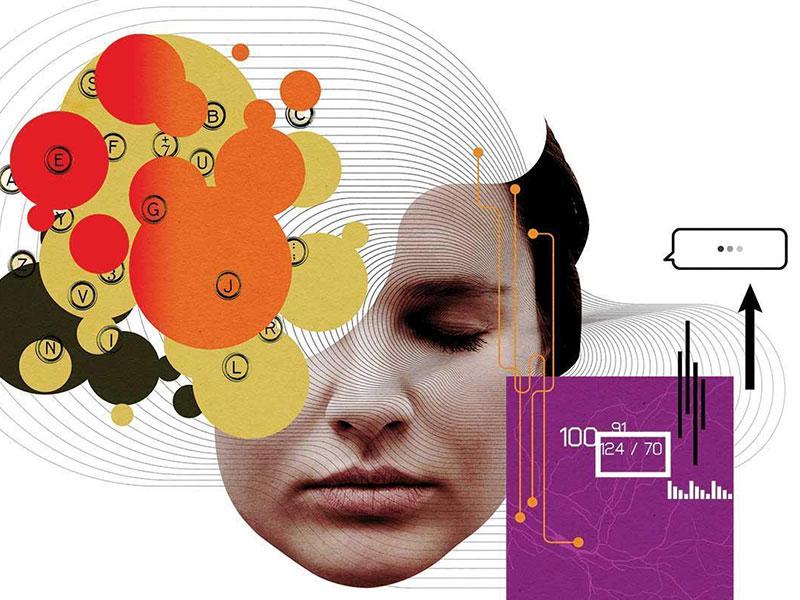 A collage graphic representing an investigation of the brain. 