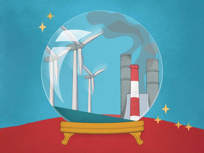 Illustration of crystal ball with renewable energy sources inside