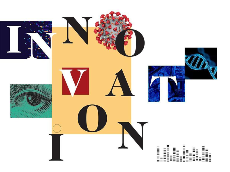 Collage of research elements and the word Innovation
