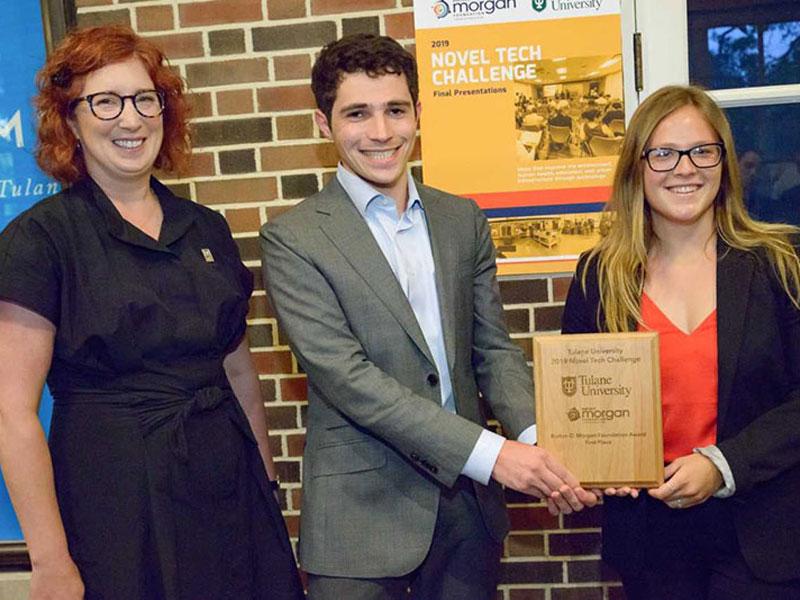 Benjamin Knapp (center) and Hannah Eherenfeldt (right), pictured with School of Science and Engineering Dean Kimberly Foster