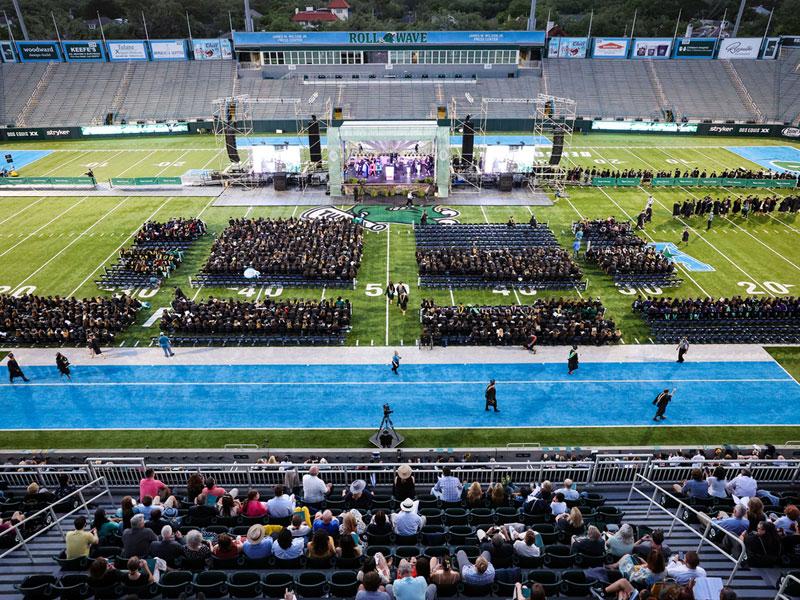 Aerial view of Yulman stadium for Commencement 2020 ceremony