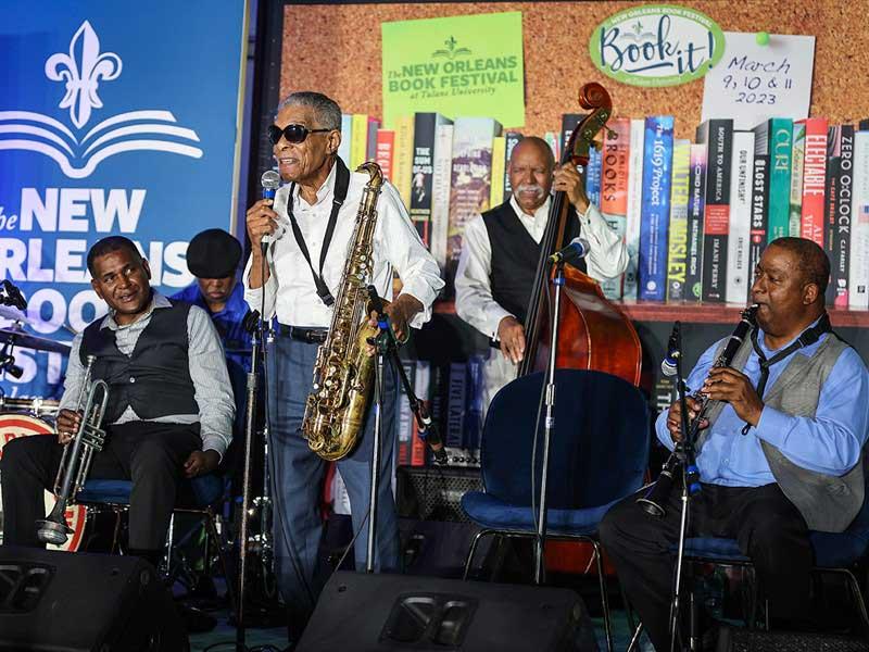 The Preservation Hall All-Stars close out the festival during the crawfish boil in the Hyatt Regency Tent on the Berger Family Lawn.