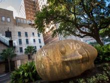 “The Source,” a large concrete sculpture that calls the neutral ground of Elk Place across from the Tulane School of Social Work home, was created for the 1984 World’s Fair by French husband-and-wife artists Claude and Francois-Xavier Lalanne