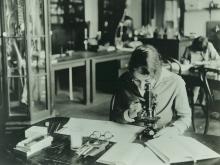 A Newcomb College student works in the science lab on the original Washington Avenue campus in the early 1900s.