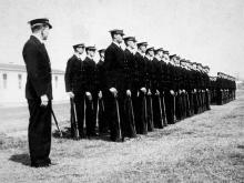 Midshipmen from the Tulane Naval Reserve Officer Training Corp (NROTC) drill on the uptown campus circa 1939.