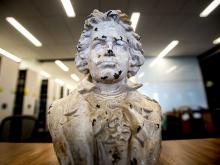 An iron bust of Ludwig Von Beethoven sits on the counter of the Media Services collection on the sixth floor of the Howard-Tilton Memorial Library.