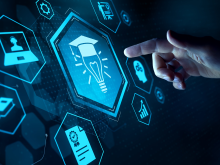 A hand pointing toward a hexagon with a lightbulb wearing a graduation cap