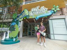 First-year students stand under the Hullabaloo Hello archway at the LBC.