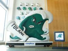 Goodyear Green Wave mascot on display in Yulman Stadium